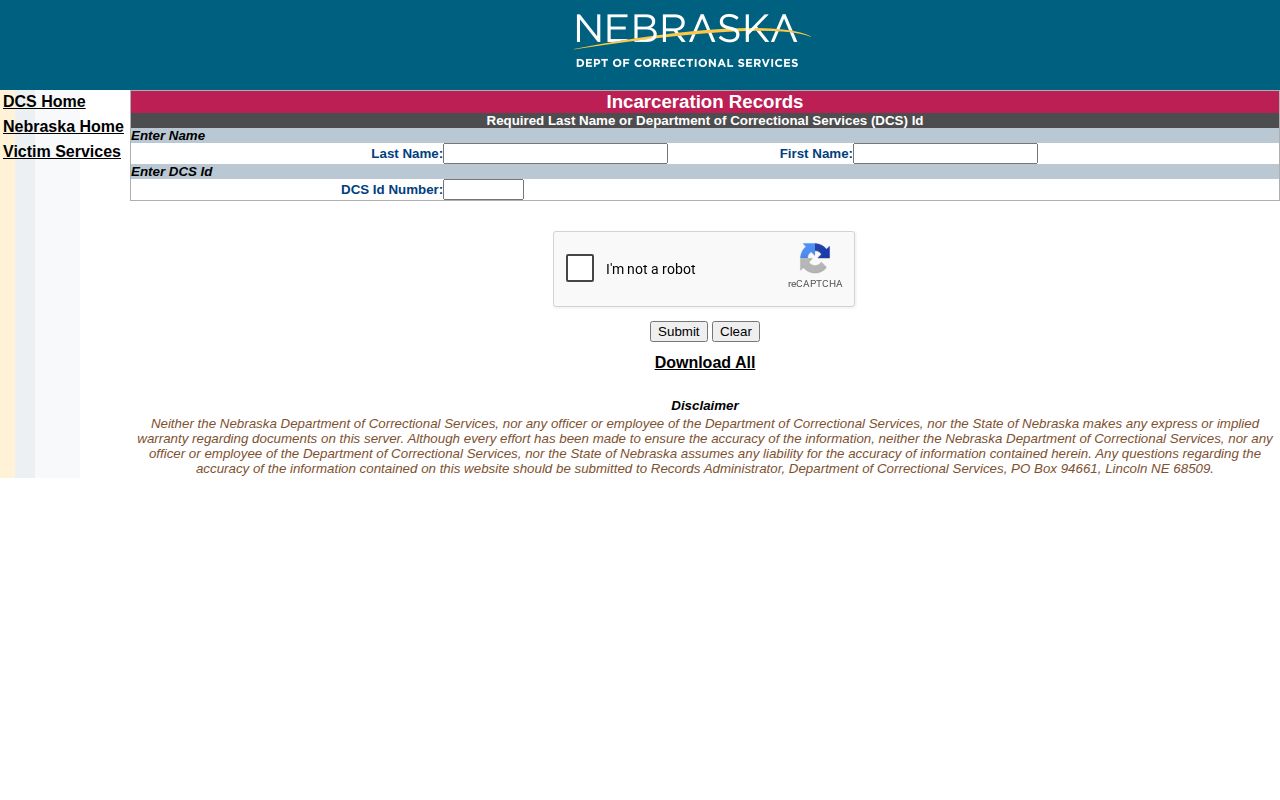 Douglas County state-custody lookup through Nebraska Department of Correctional Services